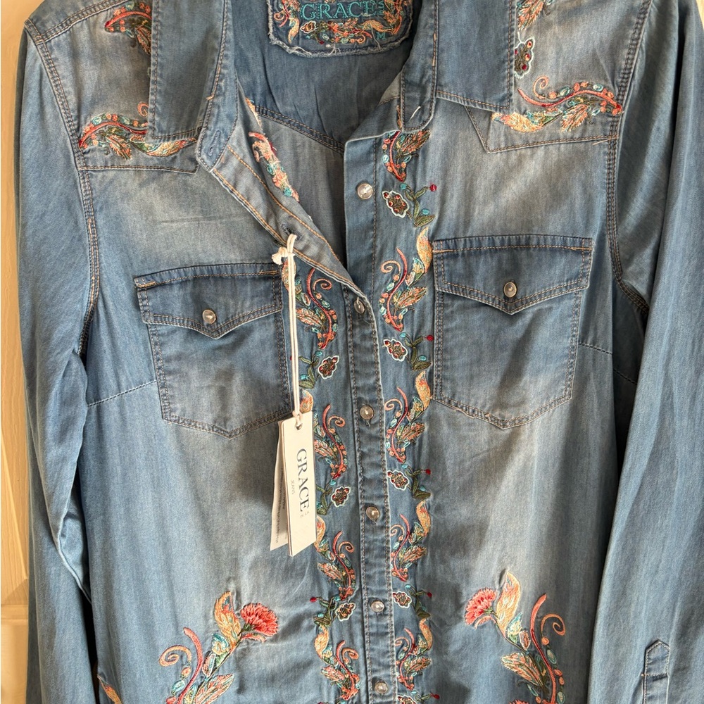 Grace Blue Denim Dress with Floral Embroidery - Picture 6 of 6